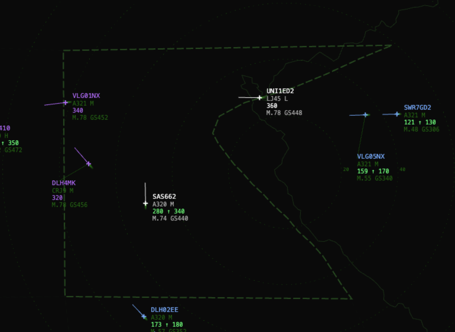 Classic dark radar theme with green-on-black ATC display